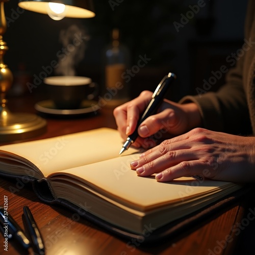 Close-up of hands writing in a leather-bound notebook under warm desk lamp lighting
