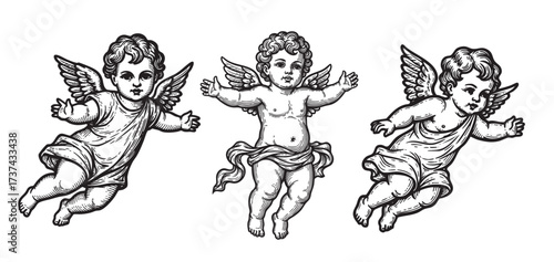 Flying Cherub Cupid or Angel set Engraving  Illustration in Woodcut Style