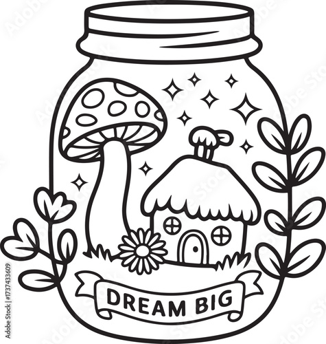 Fantasy Mushroom House in a Jar – Cute Fairyland Illustration
