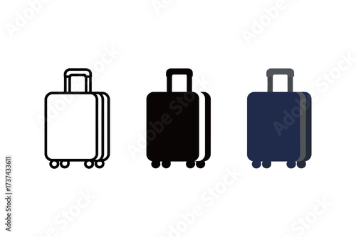 Luggage Suitcase Icon Set with Wheels: Flat Vector and Outline Illustration for Travel, Airport, and Baggage
