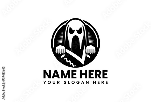 Menacing Ghost with Fists Logo Design in Black and White Circle.