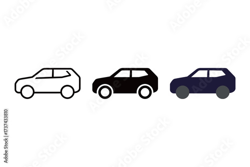 SUV Car Vehicle Icon Set: Flat Vector and Outline Silhouette for Automobile Transportation and Family Travel