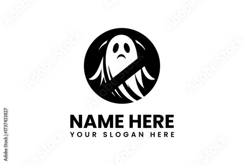 Minimalist Ghost Silhouette in a Black Circle with a Diagonal Line.