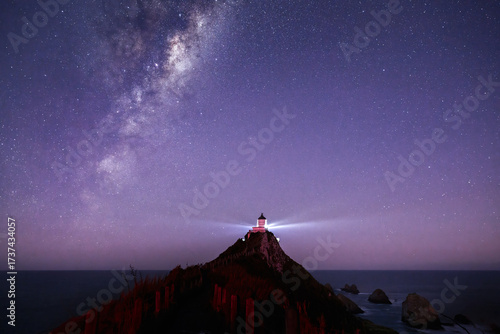 The Milky Way rising over Nugget Point Lighthouse. Southland. New Zealand.