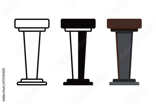 Podium Pedestal Tribune Icon Set: Outline, Silhouette, and Color Vector Illustration for Speech and Presentation