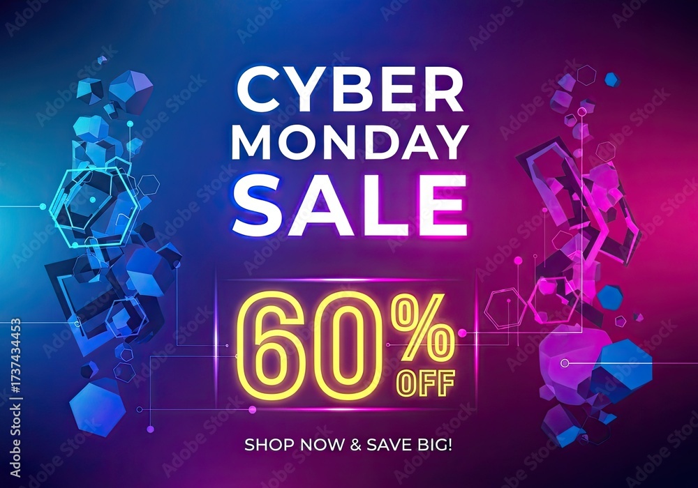 Fototapeta premium Photo of cyber monday sale promotion with neon 60 off sign and geometric shapes, perfect for advertising campaigns and online marketing