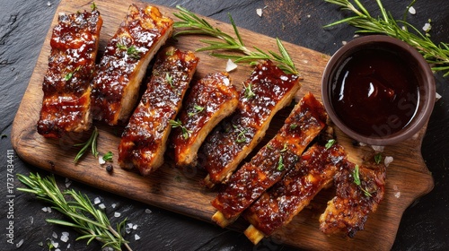 Country Style Ribs. American Barbecue Pork Spare Ribs Baking on a Wooden Board