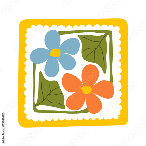 Hand-drawn colorful floral element in a decorative square frame with circular details. Abstract flower petals and leaf design. Perfect for scrapbooking, crafts, textile design, digital art, and decor.