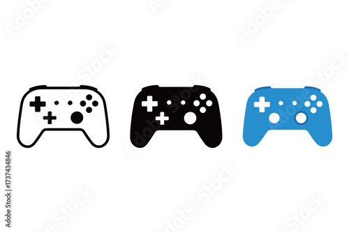 Game Controller Icon Set: Outline, Solid Black, and Blue for Video Games and Entertainment