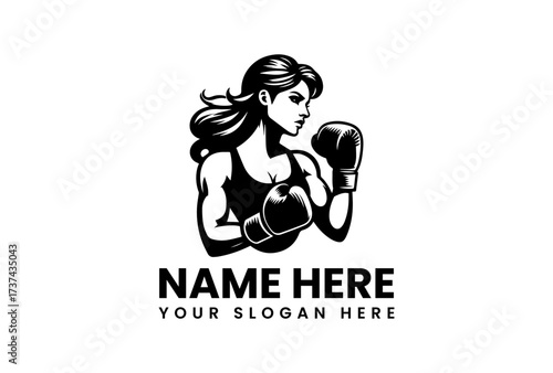 Muscular Female Boxer with Gloves in Striking Pose Black and White Silhouette.