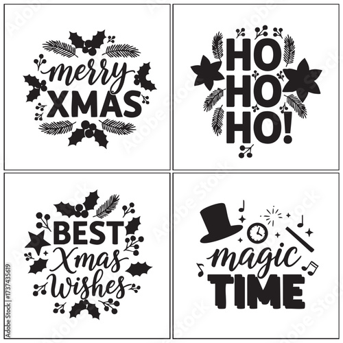  Black & White 4-Panel Christmas Holiday Text Graphics Set (Merry Xmas, Ho Ho Ho, Best Xmas Wishes, Magic Time)