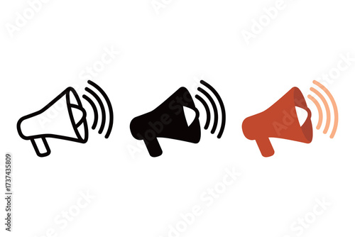 Megaphone Loudspeaker Icon Set - Outline, Solid Black, and Colorful Styles for Announcement and Marketing
