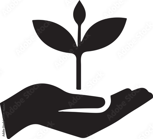 Hand holding seedling silhouette icon, symbolizing eco care, growth, and environmental protection.