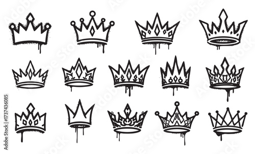 Graffiti Crown Outline Set King and Queen Symbols with Dripping Paint and Bold Urban Street Art Style