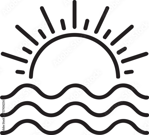 Minimal sun rising over ocean waves line style silhouette, symbol of beach, sea and nature.