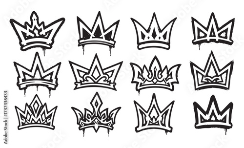 Graffiti Crown Outline Set King and Queen Symbols with Dripping Paint and Bold Urban Street Art Style