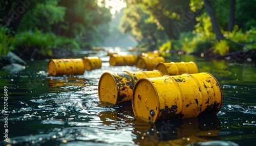 Radioactive waste barrels drifting in polluted water, depicting environmental contamination, industrial hazards, and ecological damage.
