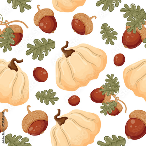 pattern with white ripe pumpkins and oak tree branches with ripe brown acorns, for autumn seasonal designs, packaging or textiles
