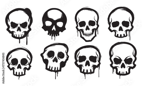 Graffiti Skull Icon Set Vector Collection of Grungy, Aggressive Skulls with Paint Splatter
