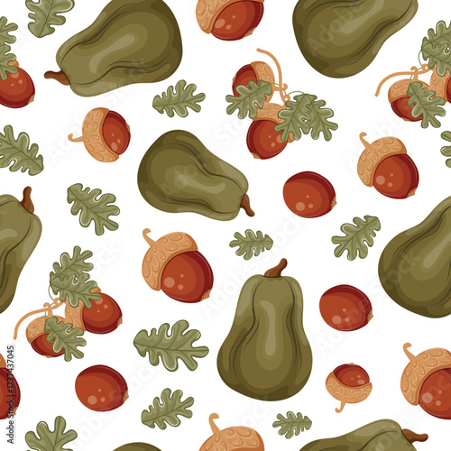 pattern with autumn harvest of green long pumpkins and oak branches with ripe brown acorns, for autumn seasonal designs, textiles or packaging