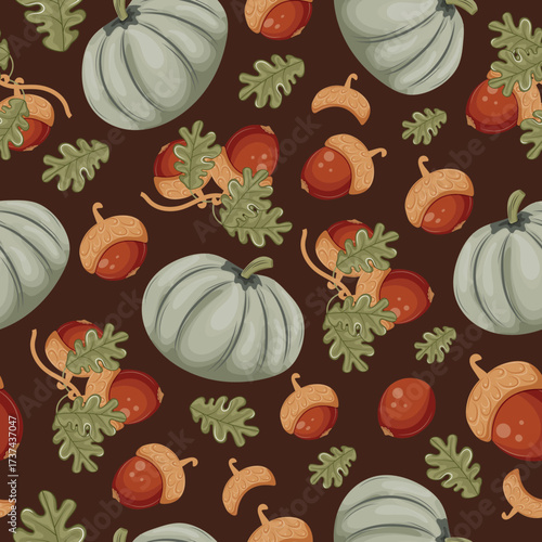 pattern with autumn harvest of green pumpkins and oak branches with ripe brown acorns on a brown background, for autumn seasonal designs, textiles or packaging
