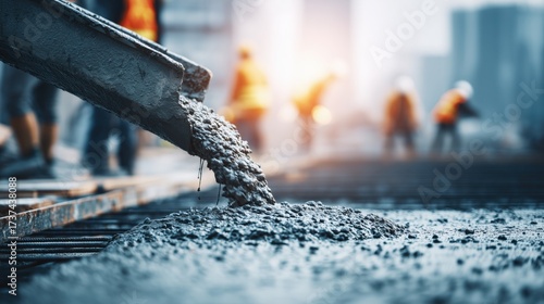 Wet concrete pouring from a chute onto a construction foundation with blurred workers in the background