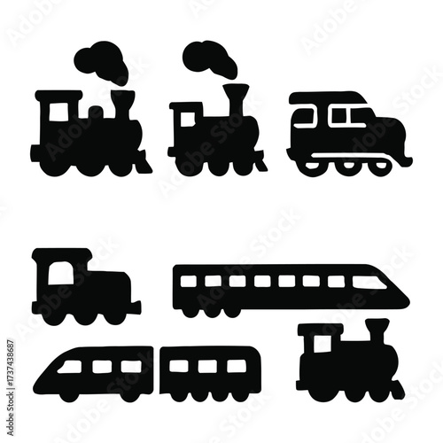 Silhouette of Various Train Types on White Background
