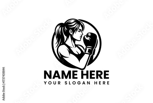 Silhouette of a determined female boxer with ponytail and boxing gloves.