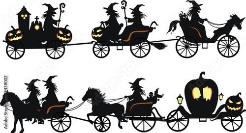 Halloween witches riding spooky horse carriages with pumpkin lanterns, haunted house and glowing lights for dark horror night vector illustration design.