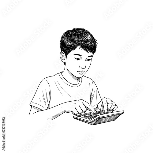 An Asian boy uses a calculator while studying at home  