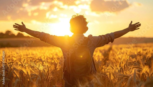 Backlit Woman Arms Open in Golden Wheat Field at Sunset Expressing Joy and Freedom with Sunlight Flare and Silhouette Against Overcast Sky