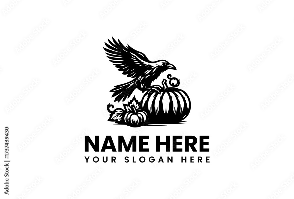 Fototapeta premium Silhouette of a Raven Perched on a Pumpkin with Leafy Accents.