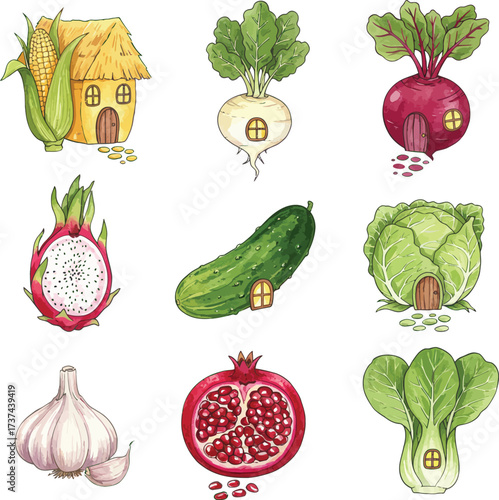 Nine vibrant botanical illustrations of fruits and vegetables in a grid layout