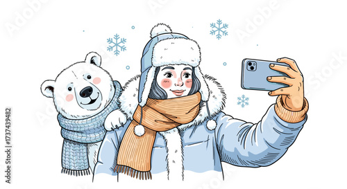 Girl taking selfie with smiling polar bear in winter clothes