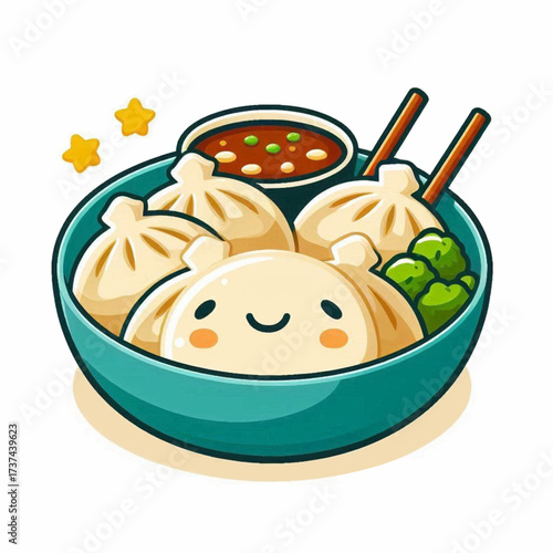 A bowl of cartoon dumplings with a smiley face accompanied by sauce broccoli and chopsticks