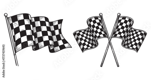 Waving Checkered Flag Engraving Finish Line Race Sport Symbol in Vintage Woodcut Style Illustration