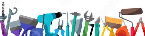 Home repair concept. Vector horizontal border from rainbow instruments. Proffesional tools for builder, installer, locksmith, engineer, repair.