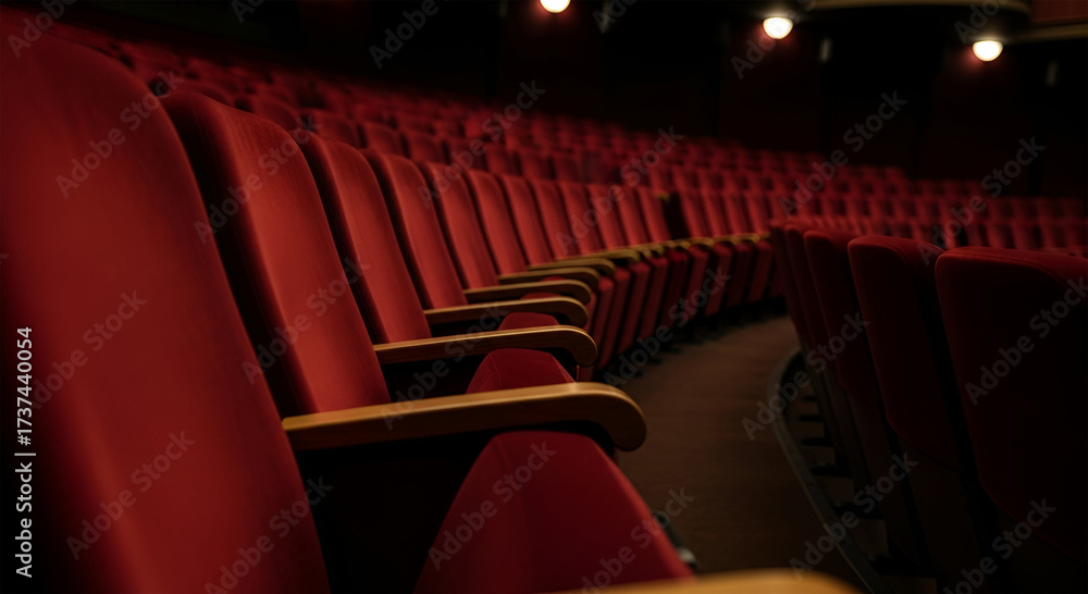 Fototapeta premium Empty auditorium with rows of red velvet seats, awaiting a performance.