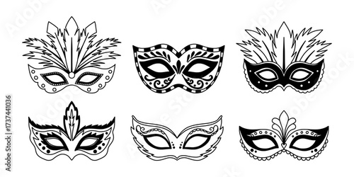 Set carnival masks silhouettes. Black masquerade masks, for party, parade and carnival, for Mardi Gras and Halloween. Mardi Gras eye mask elements can be used as isolated sign, symbol or icon.