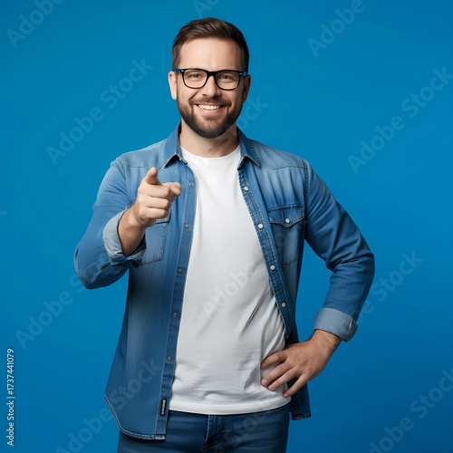 A friendly bearded man with glasses, wearing a denim shirt and white t-shirt, smiles directly at the viewer and points forward on a blue background