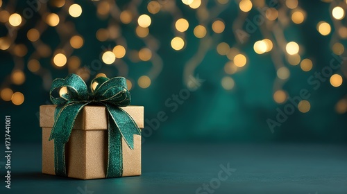 Christmas gift box with green glitter ribbon, golden, on dark teal surface against bokeh lights, copy space