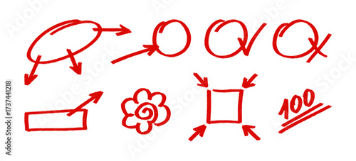 Hand drawn red exam marks set, including various checkmarks, crosses, and grading symbols. Simple and useful vector elements for educational or evaluation themed designs.