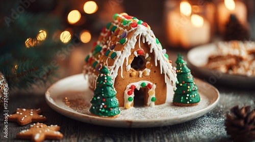 Gingerbread house with colorful candies, white icing, on plate with cookie trees, pine branches and bokeh lights, copy space