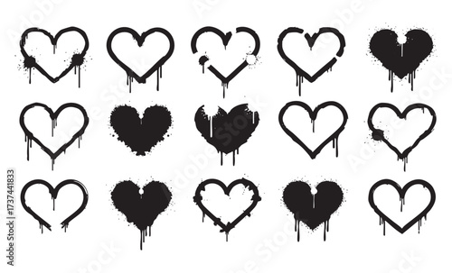 Graffiti Heart Vector Collection Urban Style Drip Paint Heart Shapes and Love Symbols Set

