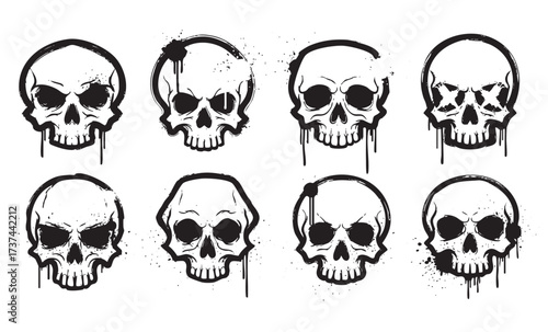Graffiti Skull Icon Set Vector Collection of Grungy, Aggressive Skulls with Paint Splatter

