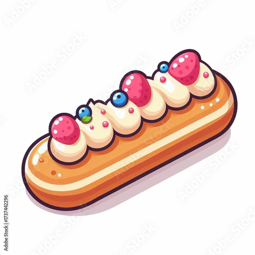 Cartoon eclair with white frosting strawberries blueberries and pink sprinkles on a white background