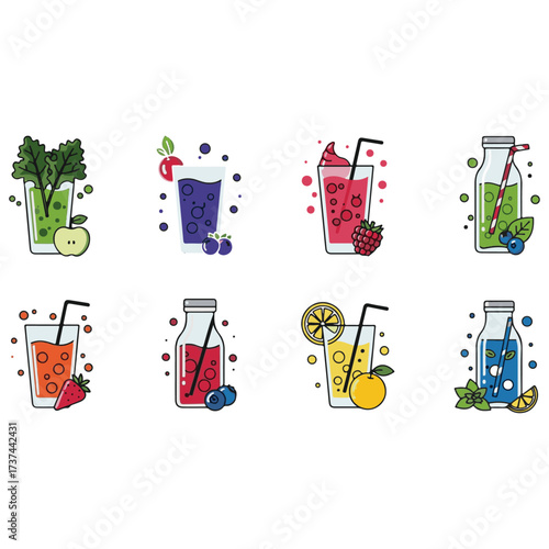 A Collection of Fresh Fruit and Vegetable Beverages in Glassware and Bottles for Health, Nutrition, and Wellness