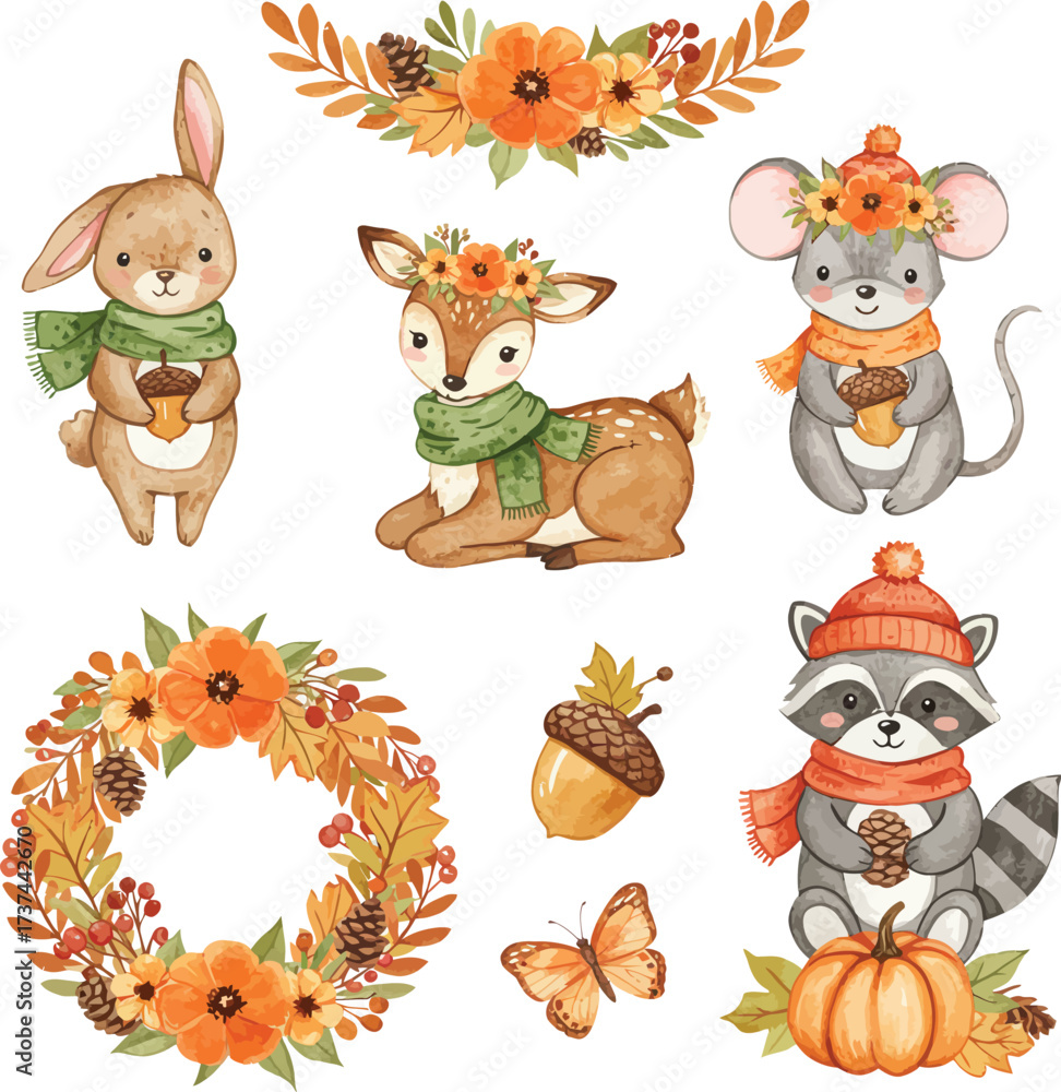 Fototapeta premium Cute autumn animals and harvest wreath watercolor clip art collection