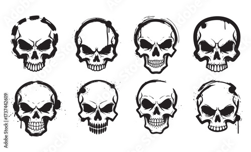  Graffiti Skull Icon Set Vector Collection of Grungy, Aggressive Skulls with Paint Splatter

