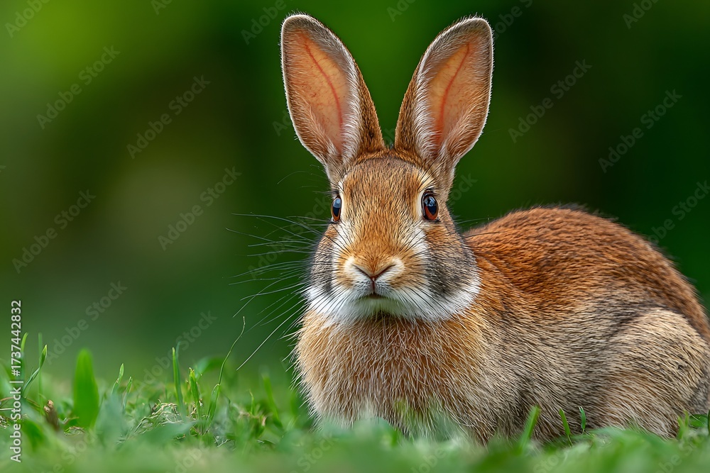 Fototapeta premium Rabbit resting peacefully on green grass ideal for pet care or wildlife promotions.